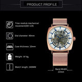 Forsining Rose Gold Square Skeleton Automatic Mechanical Mens Watch Luxury Engraved Movement Mesh Stainless Steel Strap 242G