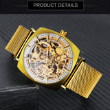 Forsining Rose Gold Square Skeleton Automatic Mechanical Mens Watch Luxury Engraved Movement Mesh Stainless Steel Strap 242G