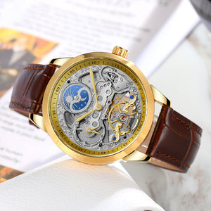 Forsining Retro Moon Phase Tourbillon Skeleton Automatic Mechanical Mens Watch TM-355G