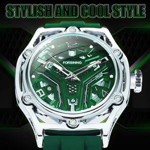 Forsining Fashion Sports Automatic Mechanical Mens Watch Calendar Hollow Out Green Dial Rubber Strap TM 477G