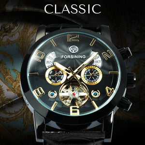 Forsining Vintage Tourbillon Skeleton Automatic Mechanical Watches for Men A165 Multifunction Dial Genuine Leather Strap