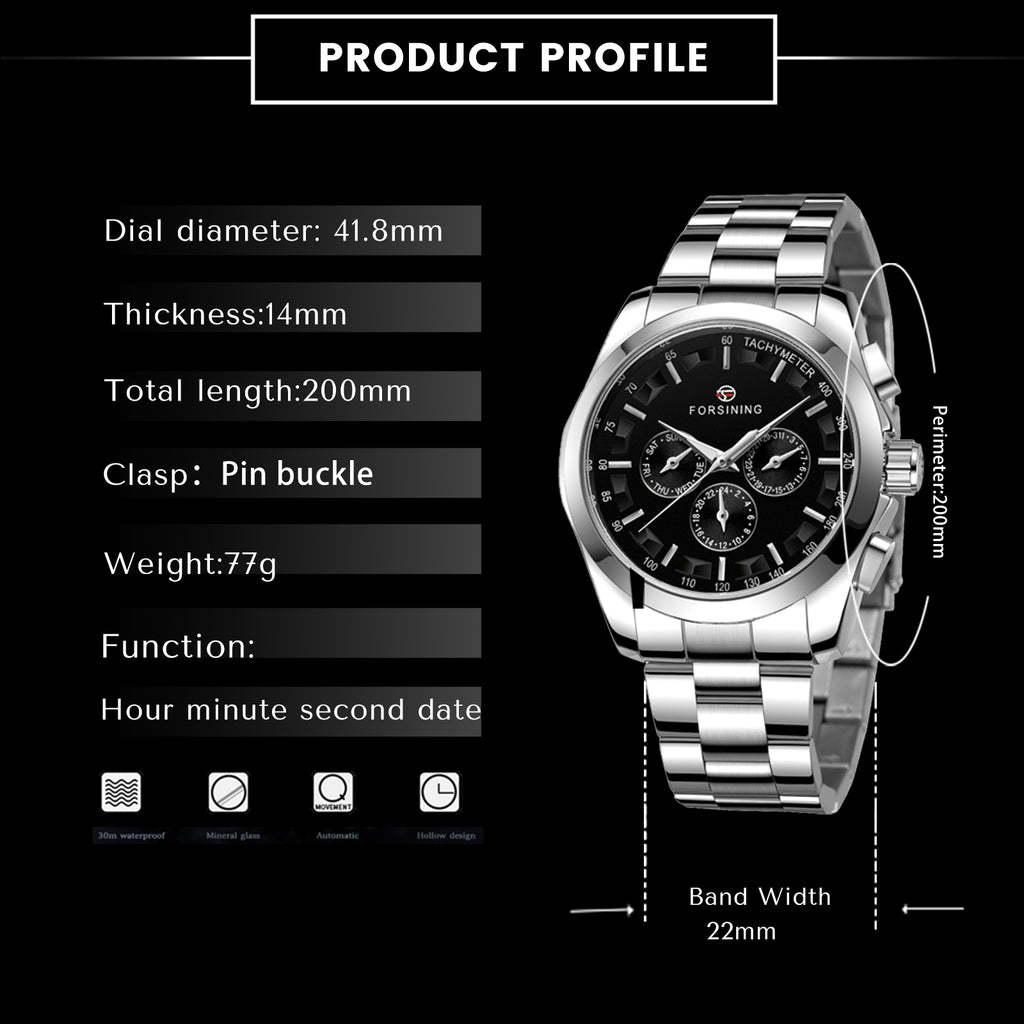 Forsining Fashion Sports Mens Automatic Mechanical Watches Date Display Steel Strap A625