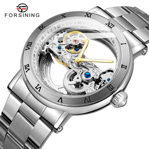 Forsining Golden Bridge Skeleton Automatic Mechanical Watches for Men Engraved Movement FS 225
