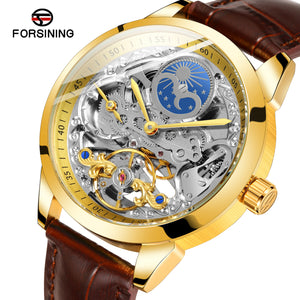 Forsining Retro Moon Phase Tourbillon Skeleton Automatic Mechanical Mens Watch TM-355G