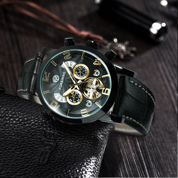 Forsining Vintage Tourbillon Skeleton Automatic Mechanical Watches for Men  A165 Multifunction Dial Genuine Leather Strap