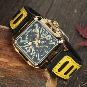 Luxury Gold Square Skeleton Automatic Mechanical Watch for Men Top Brand Rubber Leather Strap FS 141