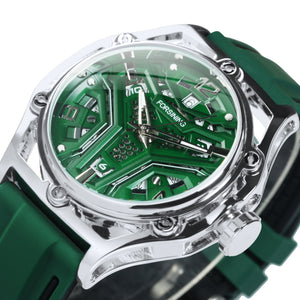 Forsining Fashion Sports Automatic Mechanical Mens Watch Calendar Hollow Out Green Dial Rubber Strap TM 477G