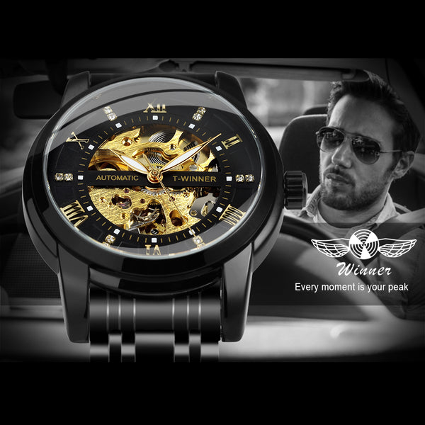 WINNER Black Gold Skeleton Automatic Mechanical Watch TM349 Stainless –  WINNER WATCH