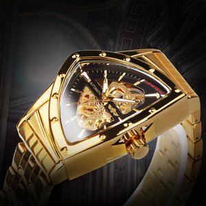 WINNER Triangle Skeleton Watch Luminous Hands Gold Black Stainless Steel Strap Clock 526G