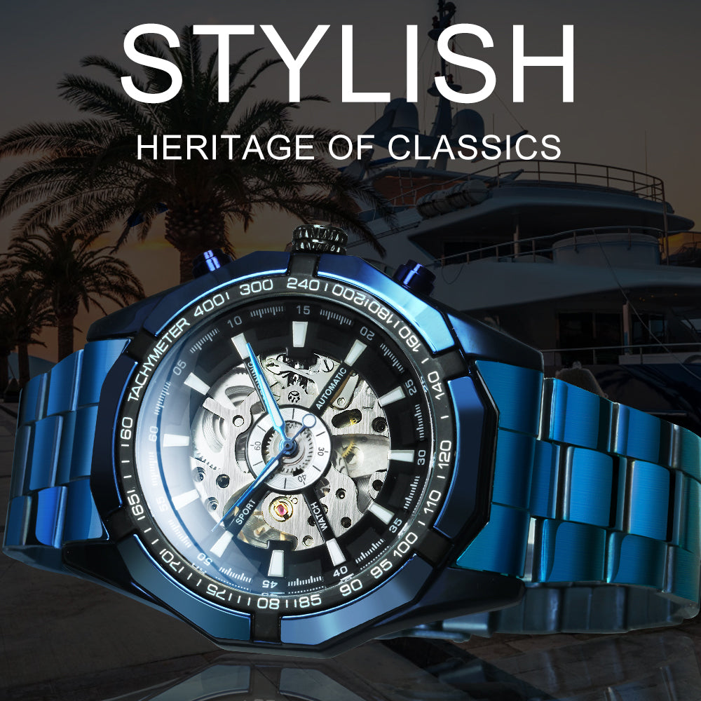 WINNER Fashion Blue Automatic Mechanical Skeleton Mens Watch Stainless Steel Strap 188