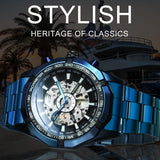 WINNER Fashion Blue Automatic Mechanical Skeleton Mens Watch Stainless Steel Strap 188
