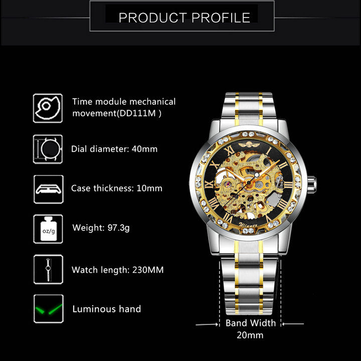 WINNER Mens Mechanical Watches Crystal Iced Out Dial Steel Strap Fashion Business Watch for Men