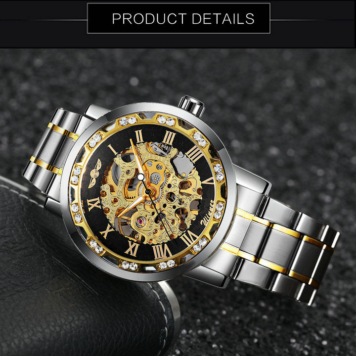 WINNER Mens Mechanical Watches Crystal Iced Out Dial Steel Strap Fashion Business Watch for Men