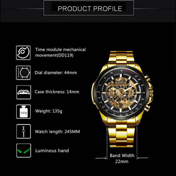 WINNER Classic Skeleton Automatic Mechanical Gold Watch for Men