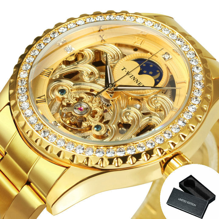 Luxury TEVISE authentic Skeleton Tourbillon Mechanical Gold and white Watch for Men.