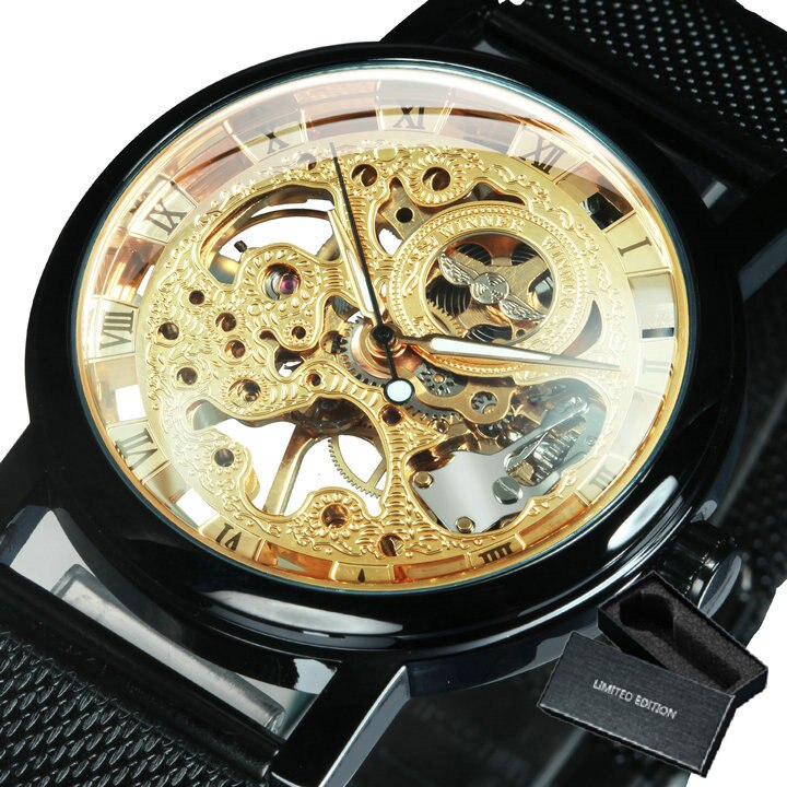 WINNER Mechanical Watch Men Ultra Thin Golden Mesh Strap Top Brand