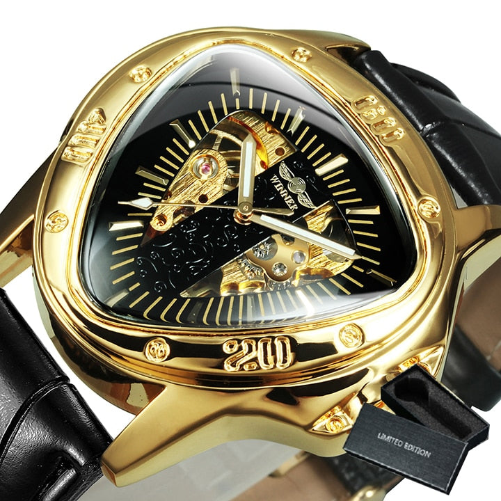 Winner Official Triangle Golden Skeleton Watch for Men Mechanical Automatic Sport Mens Watches 2021 Top Brand Luxury Clock Army