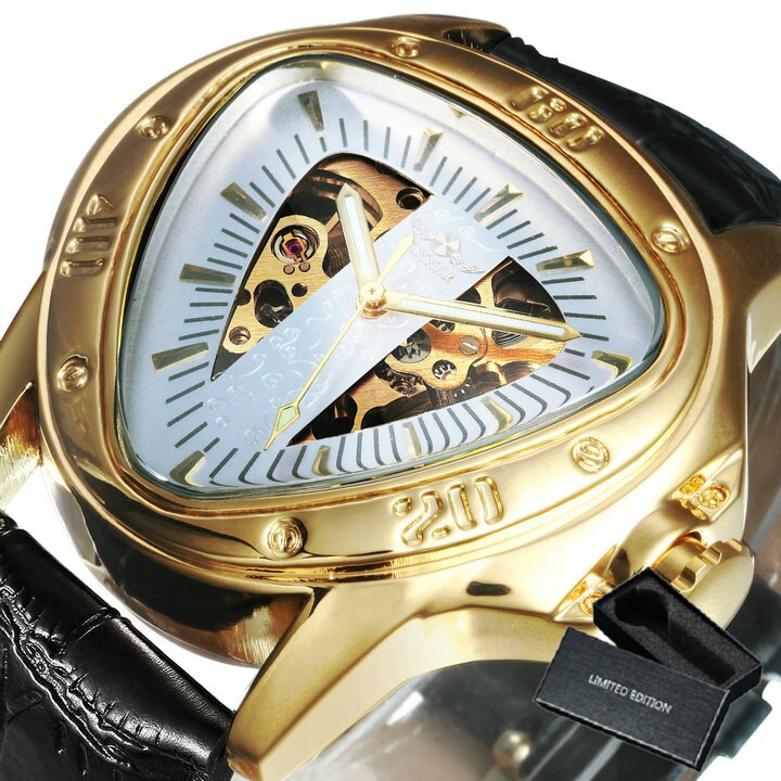 Winner Official Triangle Golden Skeleton Watch for Men Mechanical Automatic Sport Mens Watches 2021 Top Brand Luxury Clock Army