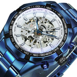 WINNER Fashion Blue Automatic Mechanical Skeleton Mens Watch Stainless Steel Strap 188