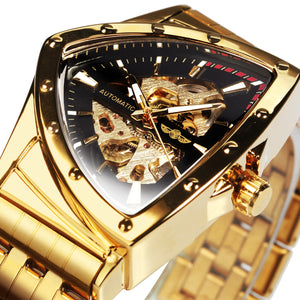 WINNER Triangle Skeleton Watch Luminous Hands Gold Black Stainless Steel Strap Clock 526G