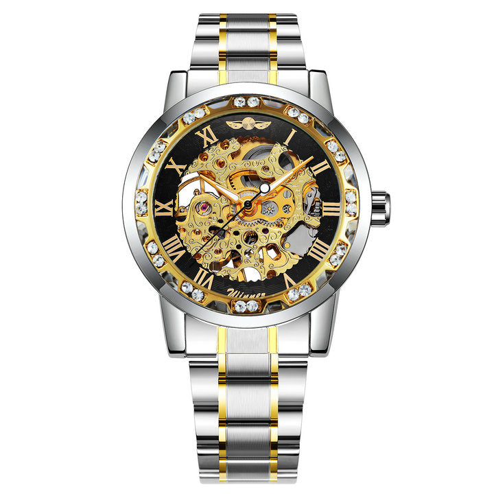 WINNER Mens Mechanical Watches Crystal Iced Out Dial Steel Strap Fashion Business Watch for Men