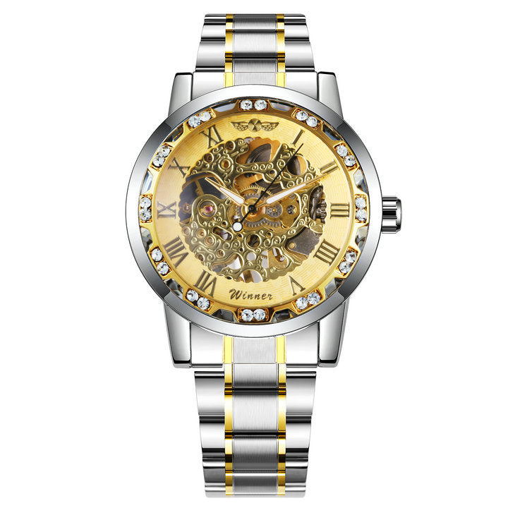 WINNER Mens Mechanical Watches Crystal Iced Out Dial Steel Strap Fashion Business Watch for Men