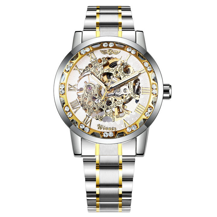 WINNER Mens Mechanical Watches Crystal Iced Out Dial Steel Strap Fashion Business Watch for Men