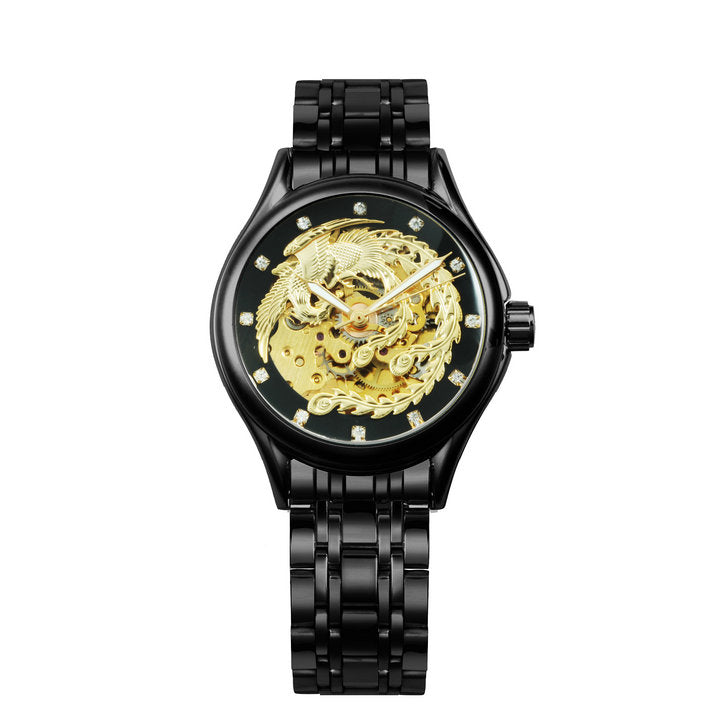 WINNER Triangle Skeleton Watch Luminous Hands Gold Black Stainless Steel  Strap Clock 526G