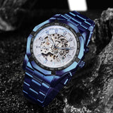 WINNER Fashion Blue Automatic Mechanical Skeleton Mens Watch Stainless Steel Strap 188
