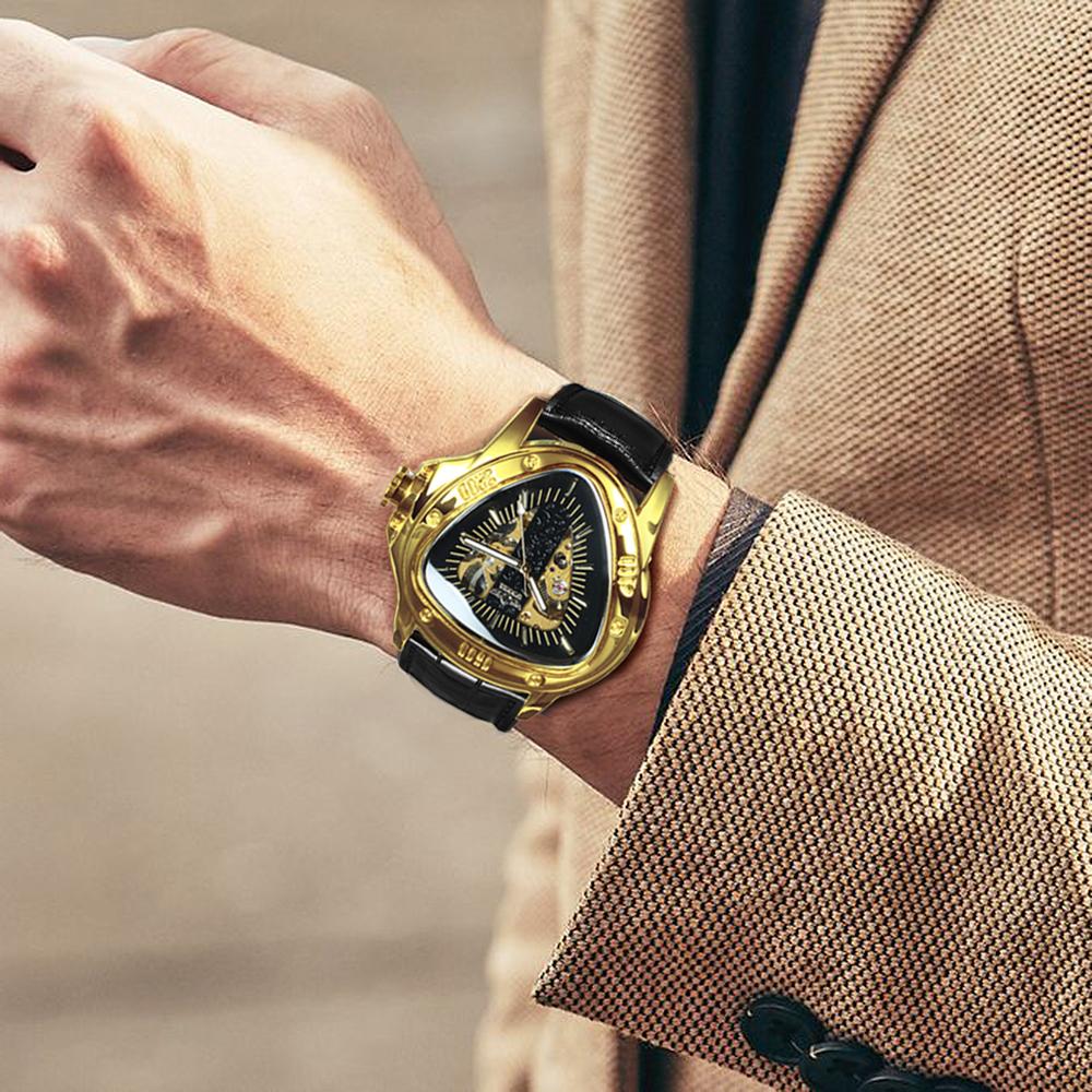 Winner Official Triangle Golden Skeleton Watch for Men Mechanical Automatic Sport Mens Watches 2021 Top Brand Luxury Clock Army