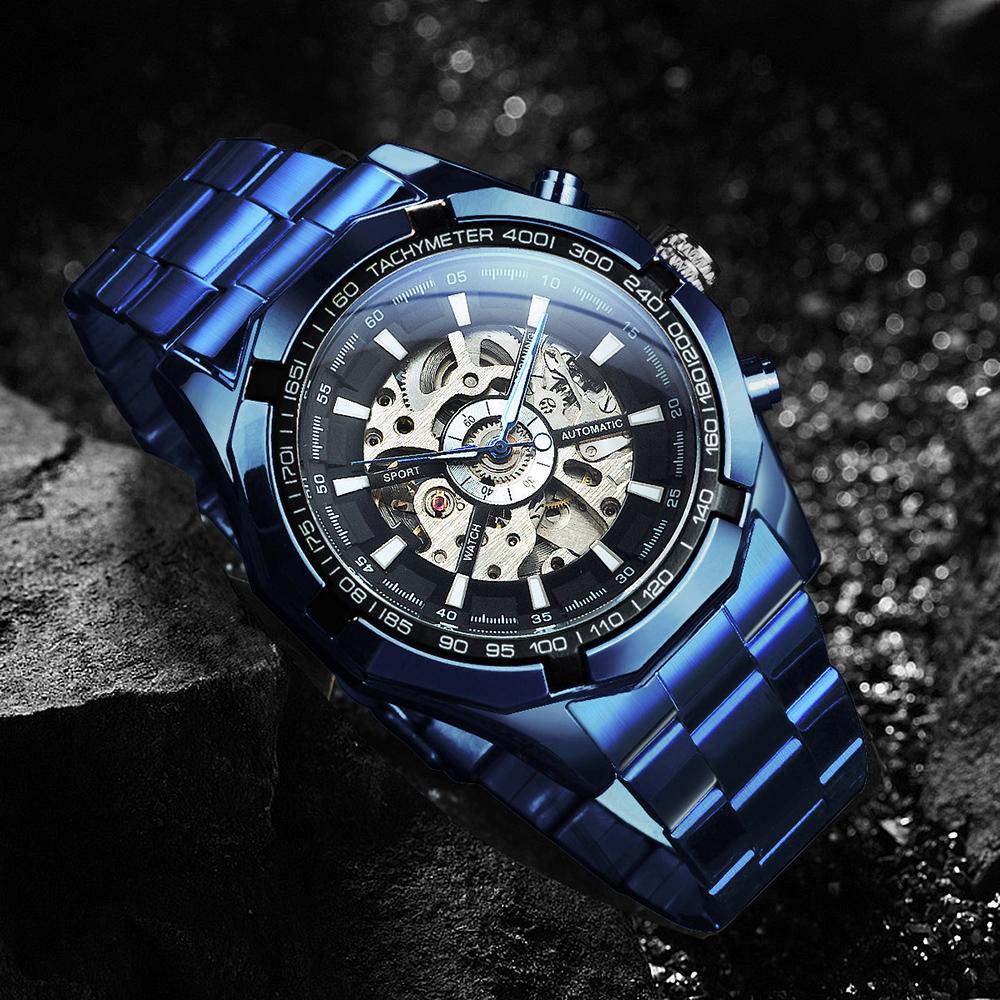 WINNER Fashion Blue Automatic Mechanical Skeleton Mens Watch Stainless Steel Strap 188