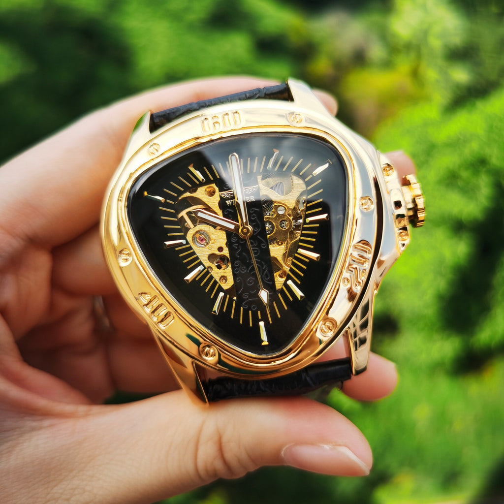 Winner Official Triangle Golden Skeleton Watch for Men Mechanical Automatic Sport Mens Watches 2021 Top Brand Luxury Clock Army