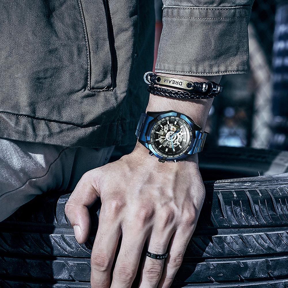 WINNER Fashion Blue Automatic Mechanical Skeleton Mens Watch Stainless Steel Strap 188