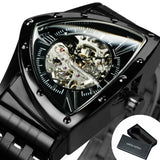 WINNER Triangle Skeleton Watch Luminous Hands Gold Black Stainless Steel Strap Clock 526G
