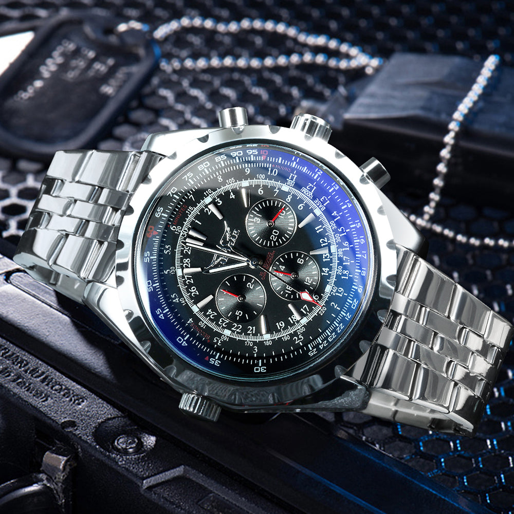 Military Multifunction Automatic Mechanical Watch Luminous Hands Rotating Bezel Stainless Steel Strap