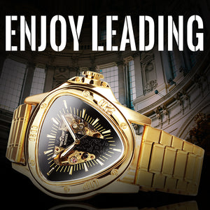 WINNER Gold Triangle Skeleton Automatic Mechanical Watch for Men Stainless Steel Strap Luminous Hands Luxury Watches