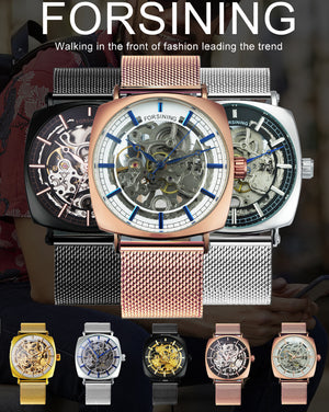 Forsining Rose Gold Square Skeleton Automatic Mechanical Mens Watch Luxury Engraved Movement Mesh Stainless Steel Strap 242G