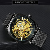 Forsining Rose Gold Square Skeleton Automatic Mechanical Mens Watch Luxury Engraved Movement Mesh Stainless Steel Strap 242G