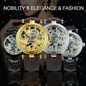 Forsining Fashion Elegant Skeleton Automatic Mechanical Watch for Women Engraved Movement Leather Strap Unisex Watches