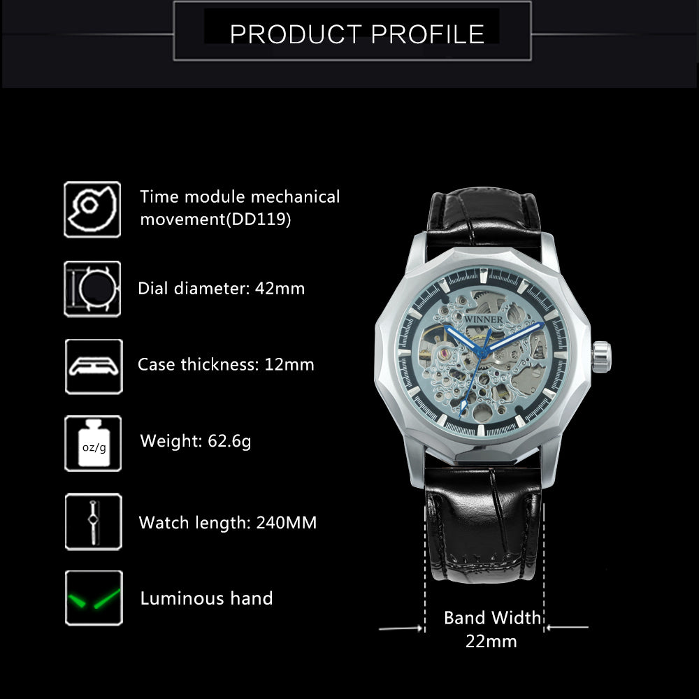 WINNER Business Irregular Skeleton Automatic Mechanical Watch for Men Leather Strap Luminous Hands Unisex Watches