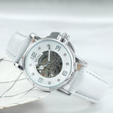 WINNER Classy Fashion Skeleton Automatic Mechanical Watch for Women H203L White Leather Strap