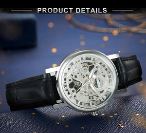 WINNER Classic Elegant Skeleton Hand Wind Mechanical Watch for Women Leather Strap Luminous Hands