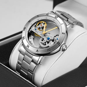 Forsining Golden Bridge Skeleton Automatic Mechanical Watches for Men Engraved Movement FS 225