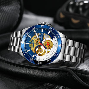 Forsining Silver Blue Sports Skeleton Automatic Mechanical Mens Watch TM 377G Luminous Hands Stainless Steel Strap Military Watches