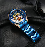 Forsining Silver Blue Sports Skeleton Automatic Mechanical Mens Watch TM 377G Luminous Hands Stainless Steel Strap Military Watches