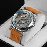 Forsining Luxury Engraved Square Gold Skeleton Automatic Mechanical Mens Watches TM 403 Crazy Horse Leather Strap