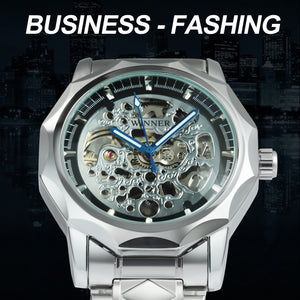 WINNER Silver Irregular Skeleton Business Automatic Mechanical Watch for Men Luxury Stainless Steel Strap Blue Luminous Hands Fashion Watches