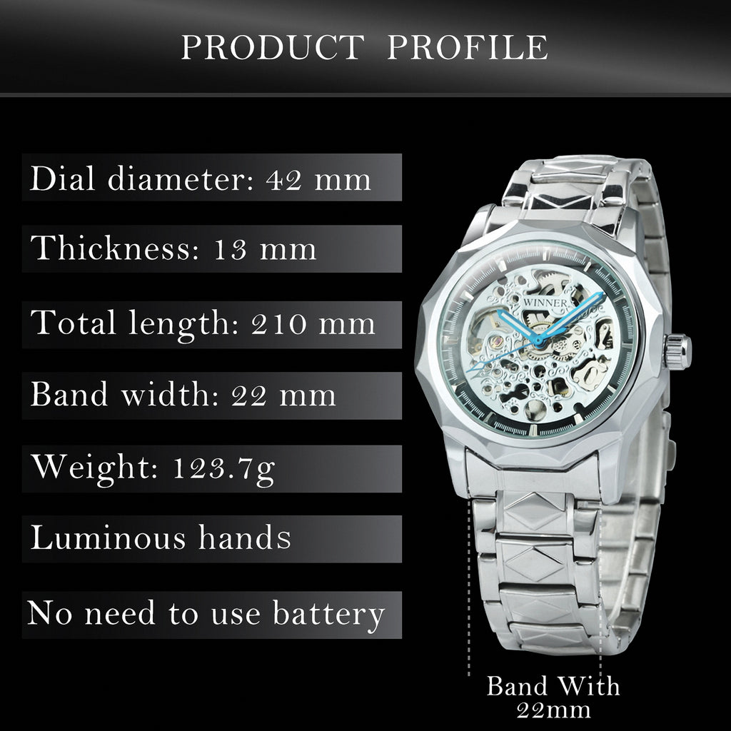 WINNER Silver Irregular Skeleton Business Automatic Mechanical Watch for Men Luxury Stainless Steel Strap Blue Luminous Hands Fashion Watches