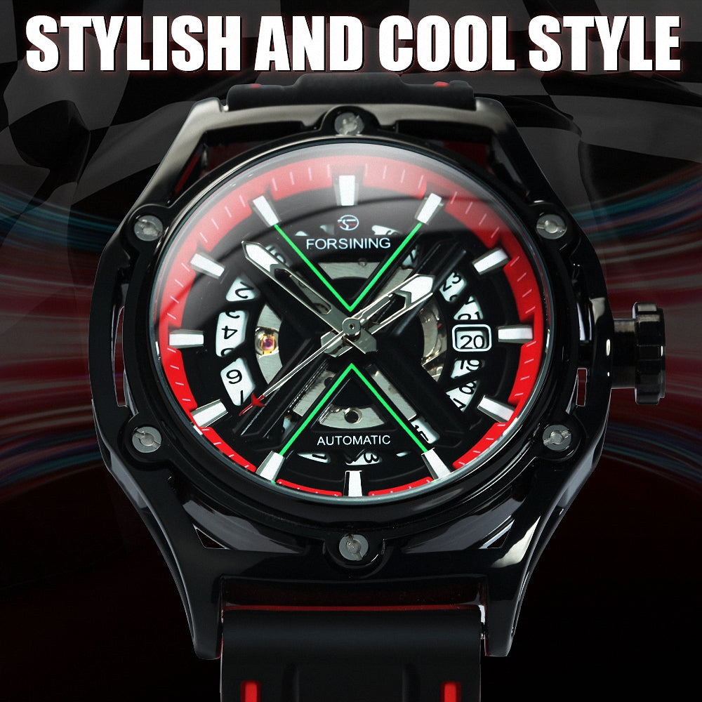 Forsining Sports Automatic Mechanical Watch for Men Calendar Hollow Out Dial TM477G