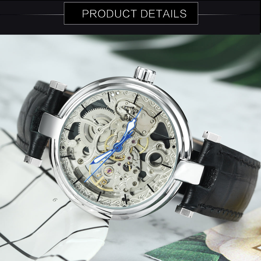 Forsining Fashion Elegant Skeleton Automatic Mechanical Watch for Women Engraved Movement Leather Strap Unisex Watches